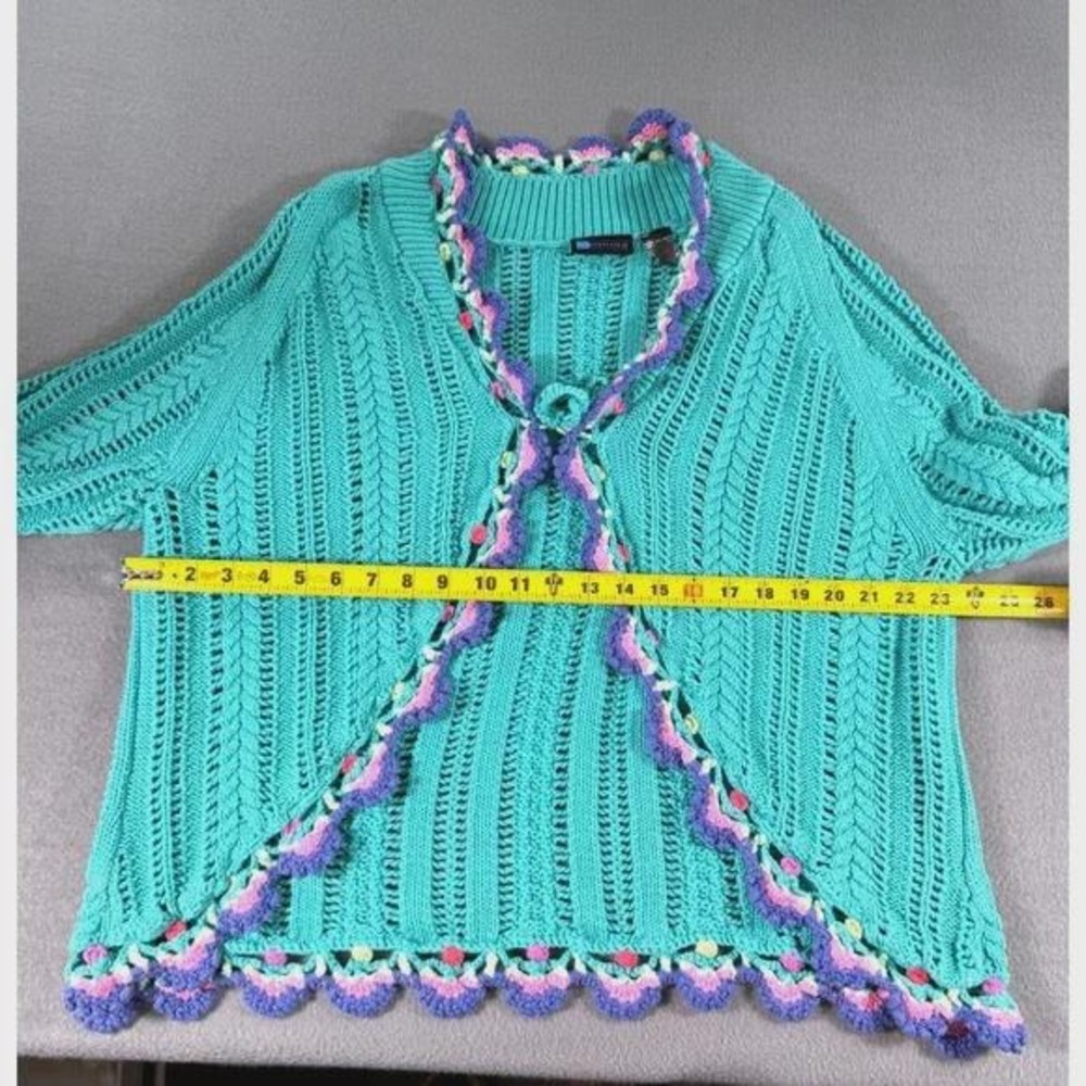 Relativity Teal Crochet Knit Cardigan Open Front Boho Tie Sweater Cottagecore - Picture 7 of 8